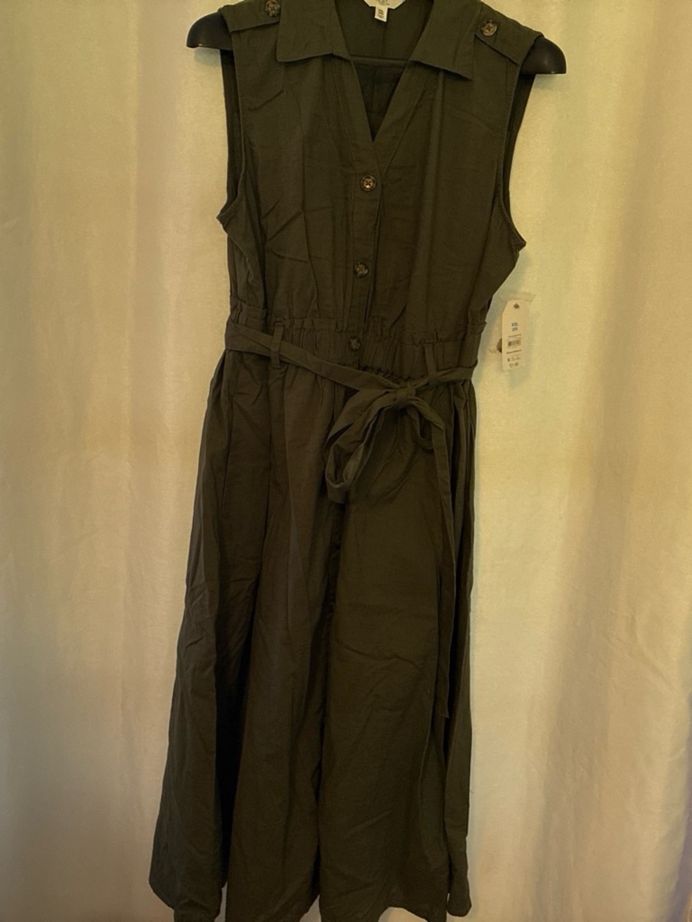 Time and Tru Olive Sleeveless Button-Front Maxi Dress with Tie Waist